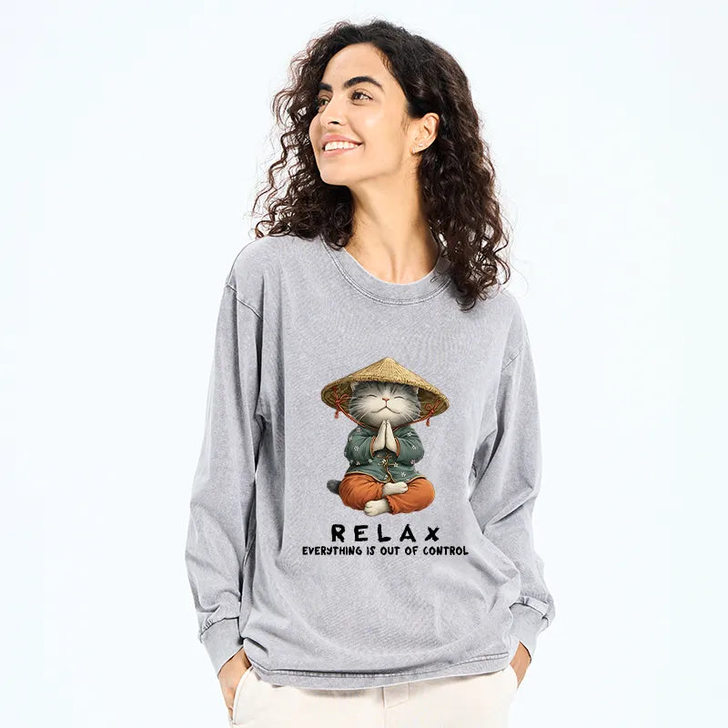 Kyoto-Lion Zen Relax Cat Graphic Washed Long Sleeve T-Shirt