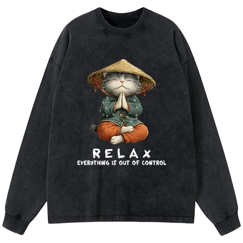Kyoto-Lion Zen Relax Cat Graphic Washed Long Sleeve T-Shirt