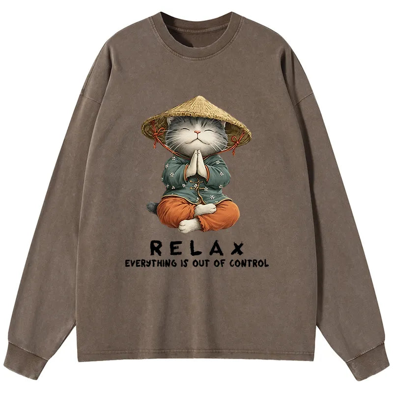 Kyoto-Lion Zen Relax Cat Graphic Washed Long Sleeve T-Shirt