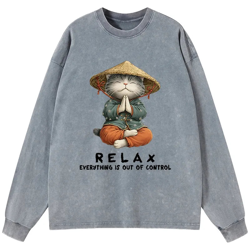 Kyoto-Lion Zen Relax Cat Graphic Washed Long Sleeve T-Shirt