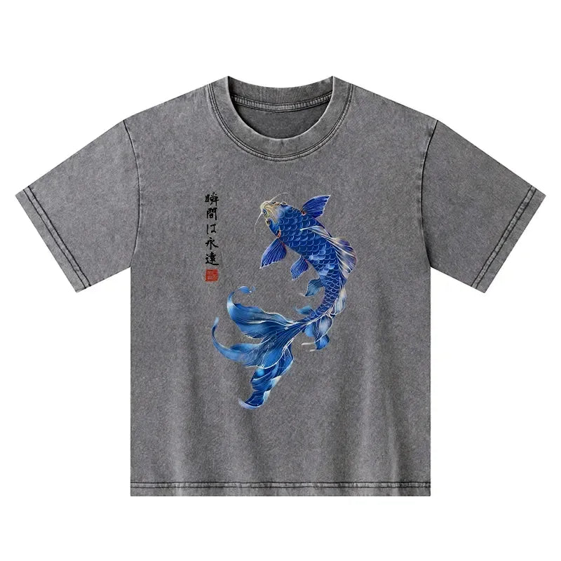 Kyoto-Lion Lucky Blue Koi Fish Art Kids Washed T-Shirt