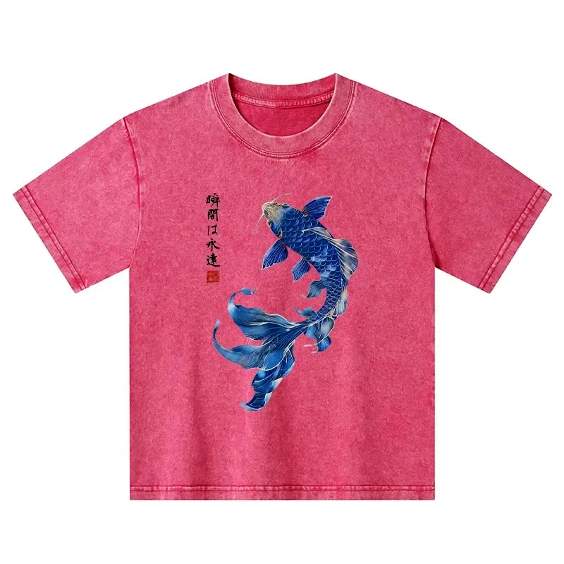 Kyoto-Lion Lucky Blue Koi Fish Art Kids Washed T-Shirt