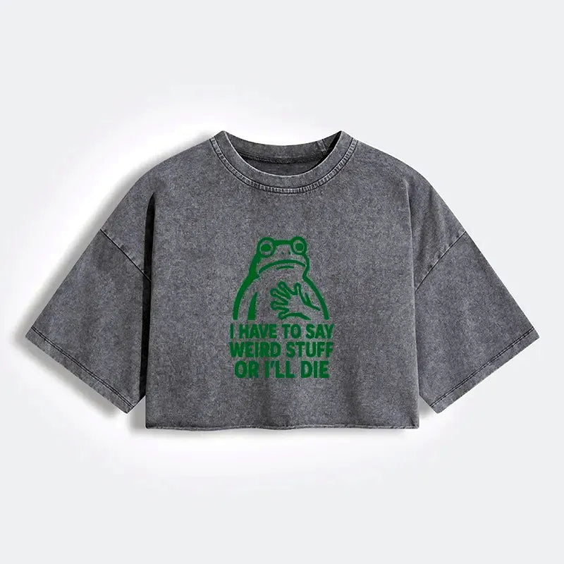 Kyoto-Lion Weird Frog Funny Meme Women's Washed Crop T-Shirt