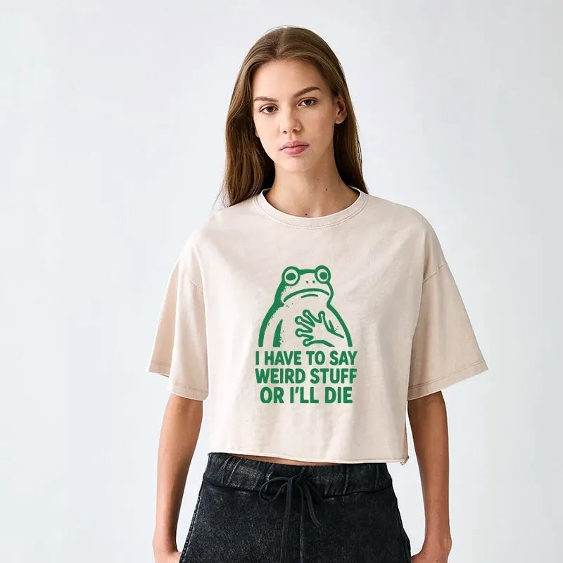 Kyoto-Lion Weird Frog Funny Meme Women's Washed Crop T-Shirt