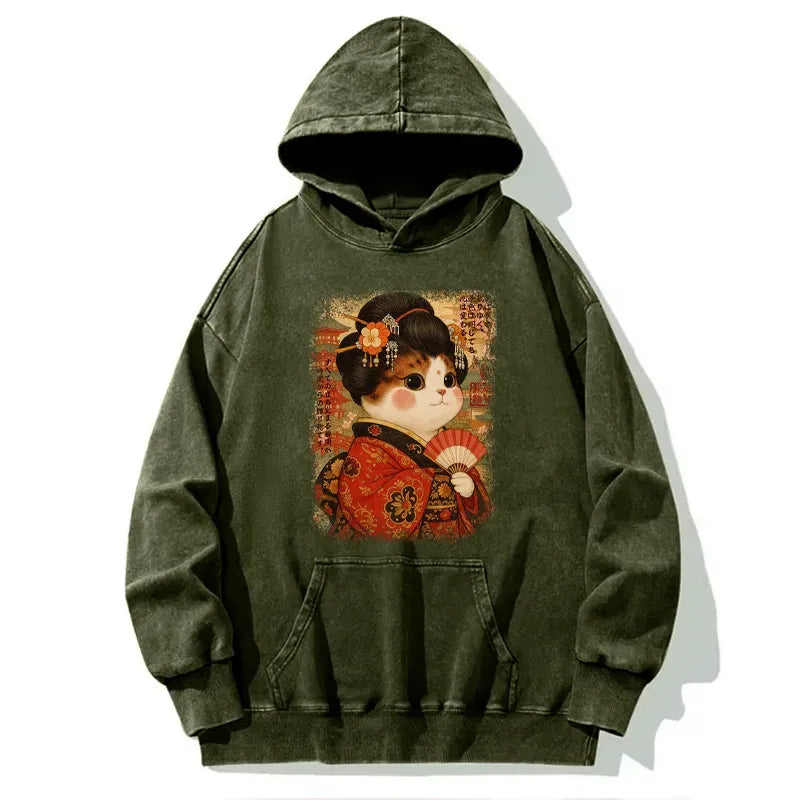 Kyoto-Lion Ukiyoe Japanese Cat Princess Washed Hoodie