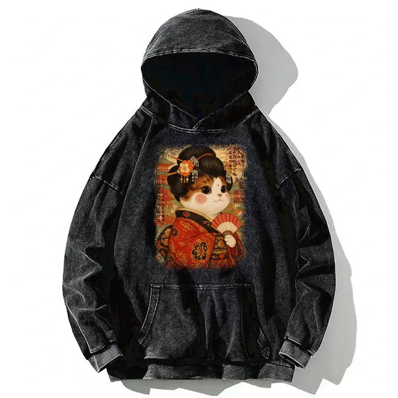 Kyoto-Lion Ukiyoe Japanese Cat Princess Washed Hoodie