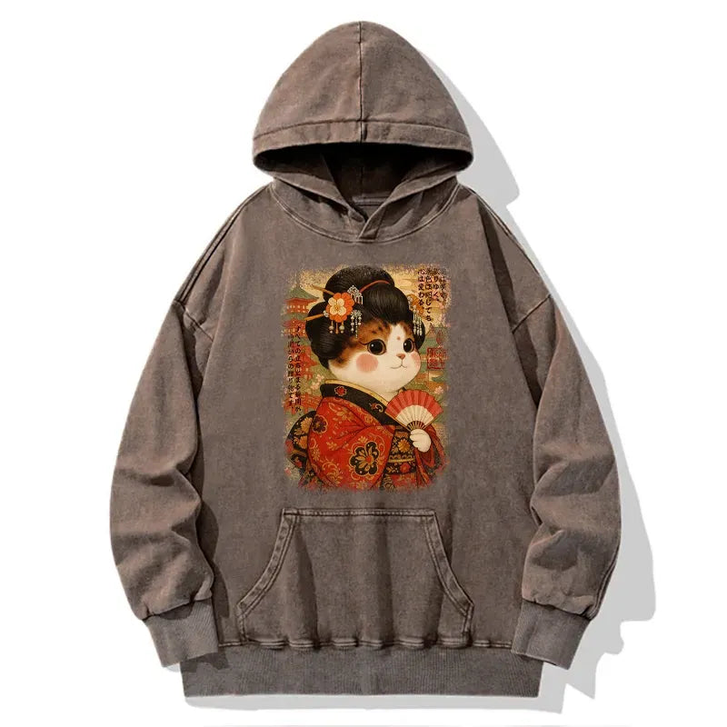 Kyoto-Lion Ukiyoe Japanese Cat Princess Washed Hoodie