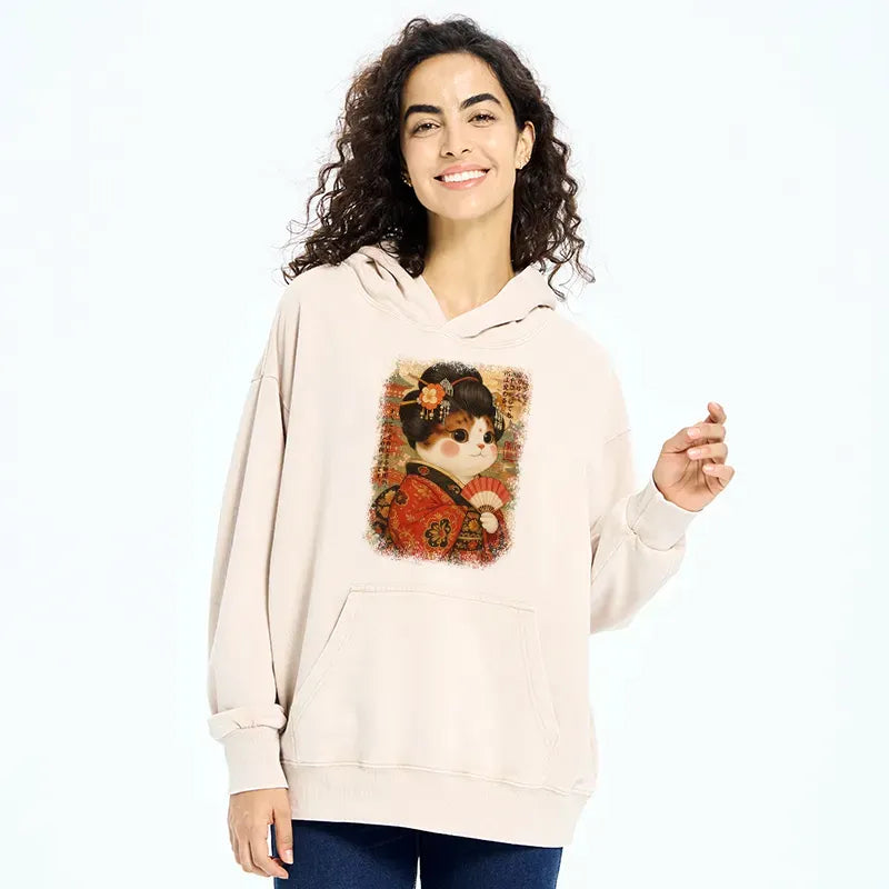 Kyoto-Lion Ukiyoe Japanese Cat Princess Washed Hoodie