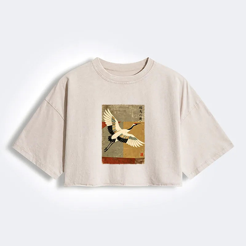 Kyoto-Lion Crane Spirit Women's Washed Crop T-Shirt