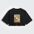 Kyoto-Lion Crane Spirit Women's Washed Crop T-Shirt