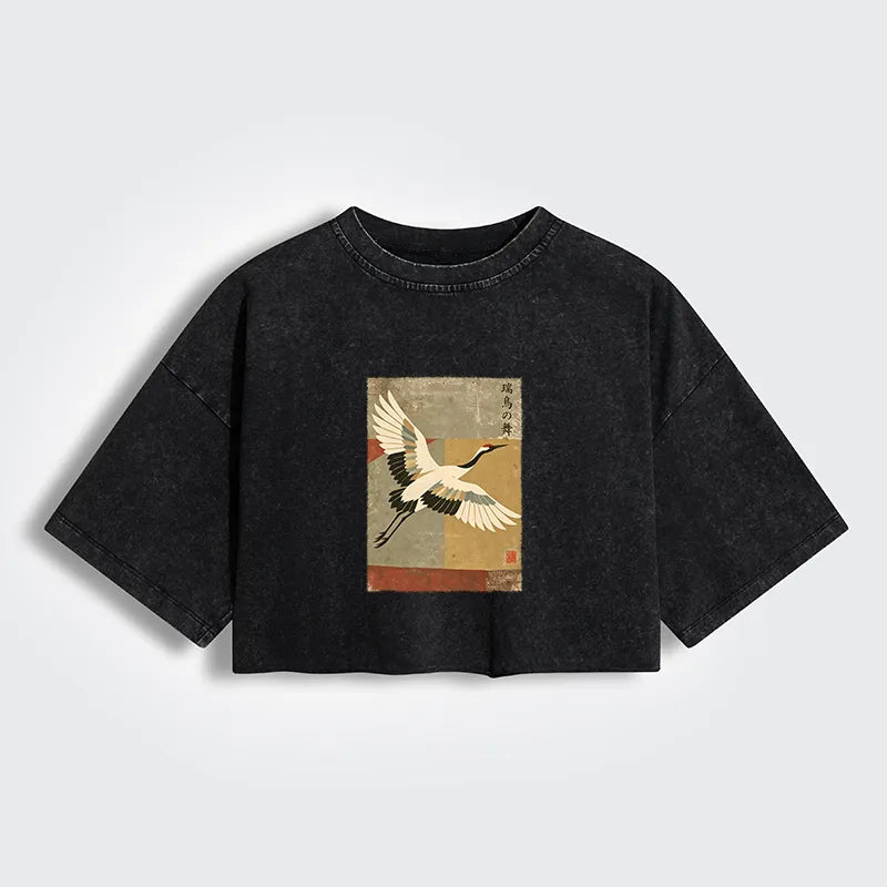 Kyoto-Lion Crane Spirit Women's Washed Crop T-Shirt