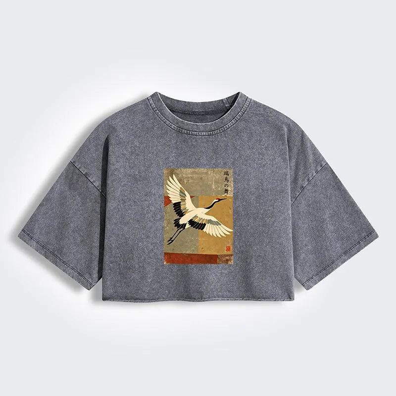 Kyoto-Lion Crane Spirit Women's Washed Crop T-Shirt