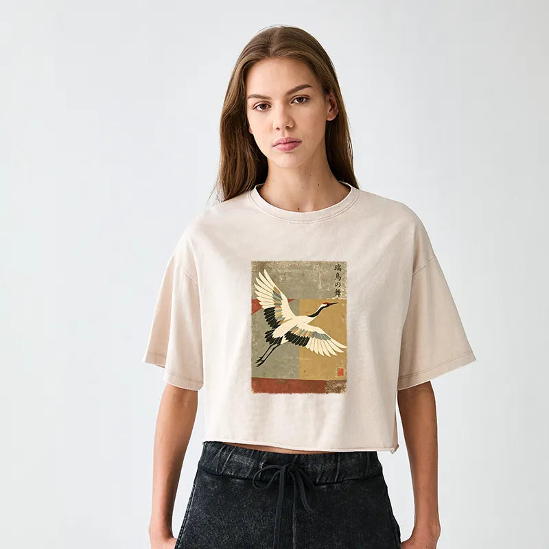 Kyoto-Lion Crane Spirit Women's Washed Crop T-Shirt