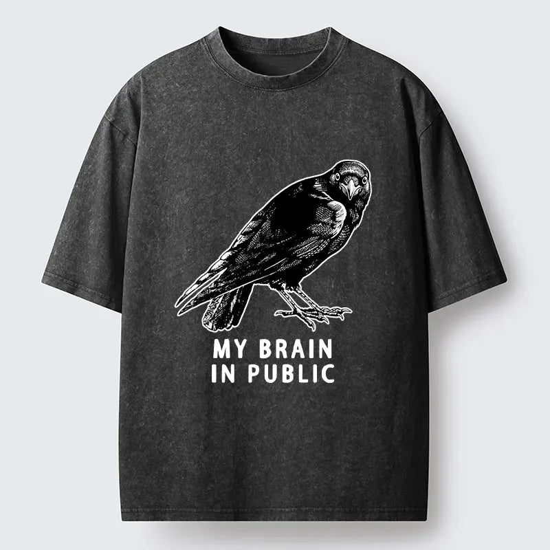 Kyoto-Lion Black Crow Public Brain Funny Art Washed T-Shirt