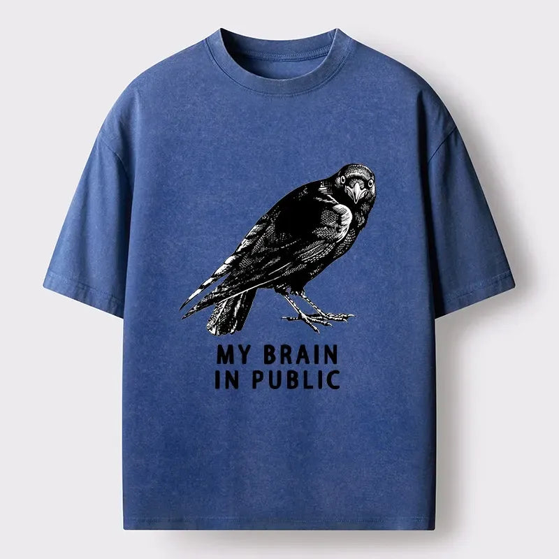 Kyoto-Lion Black Crow Public Brain Funny Art Washed T-Shirt