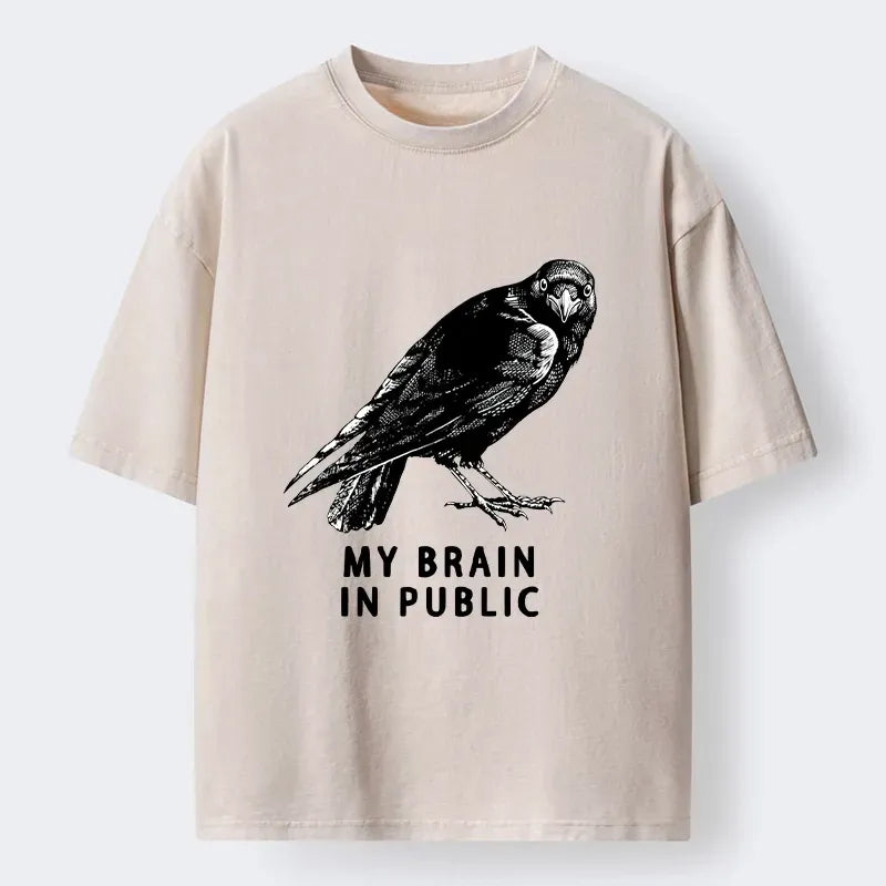 Kyoto-Lion Black Crow Public Brain Funny Art Washed T-Shirt
