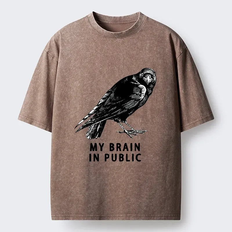 Kyoto-Lion Black Crow Public Brain Funny Art Washed T-Shirt