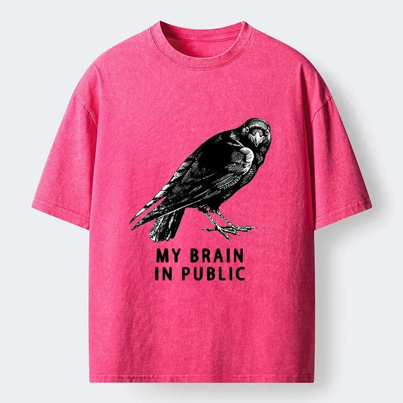Kyoto-Lion Black Crow Public Brain Funny Art Washed T-Shirt