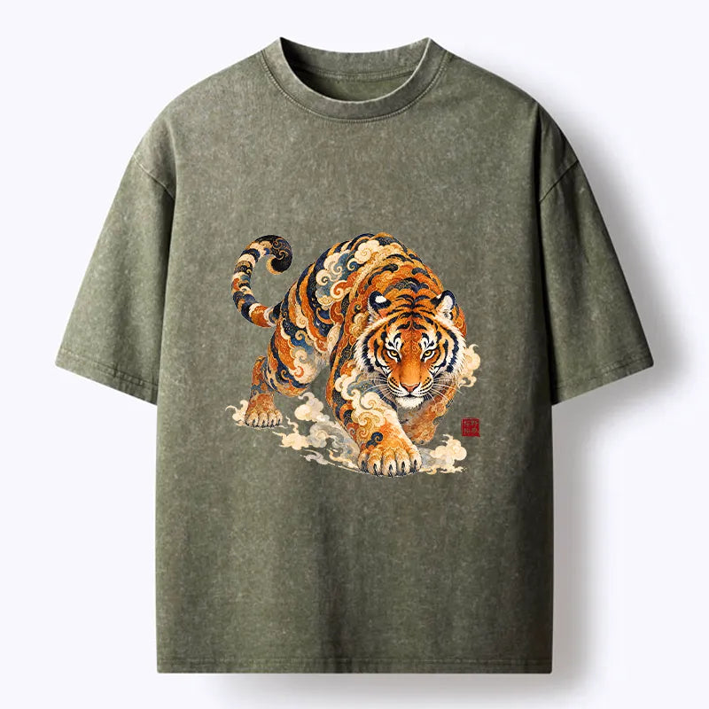Kyoto-Lion Vintage Cloud Tiger Print Washed T-Shirt