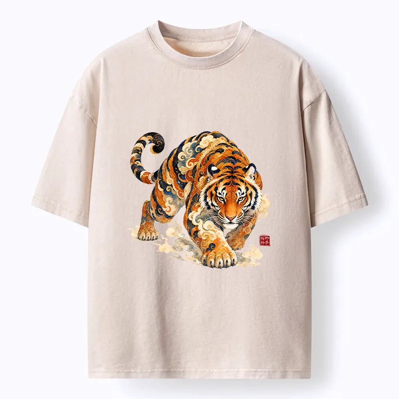 Kyoto-Lion Vintage Cloud Tiger Print Washed T-Shirt