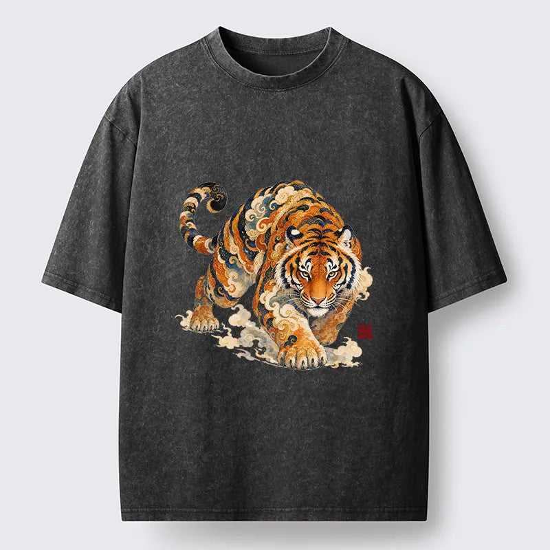 Kyoto-Lion Vintage Cloud Tiger Print Washed T-Shirt