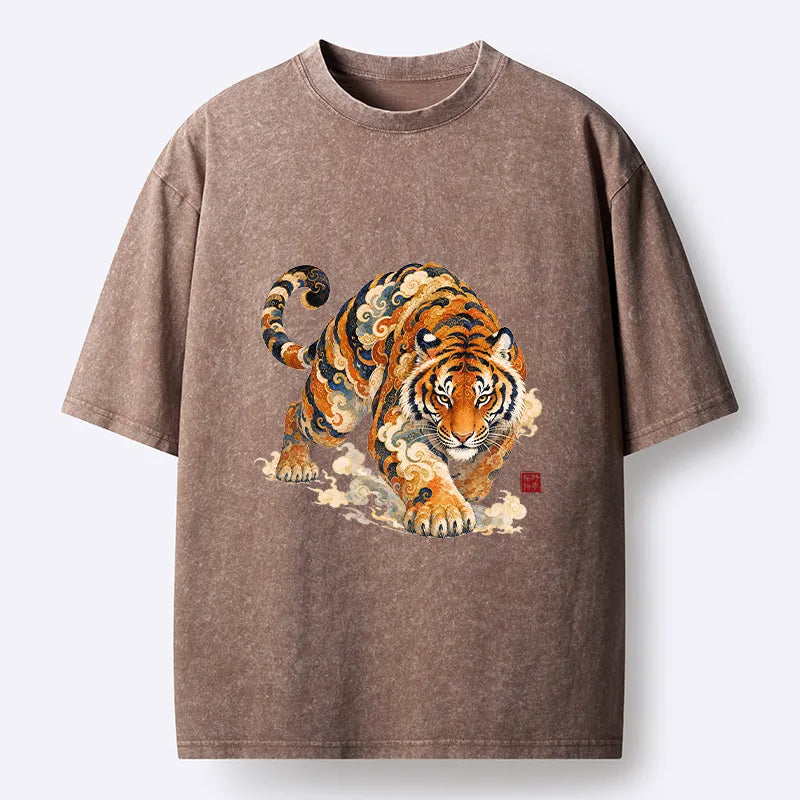 Kyoto-Lion Vintage Cloud Tiger Print Washed T-Shirt