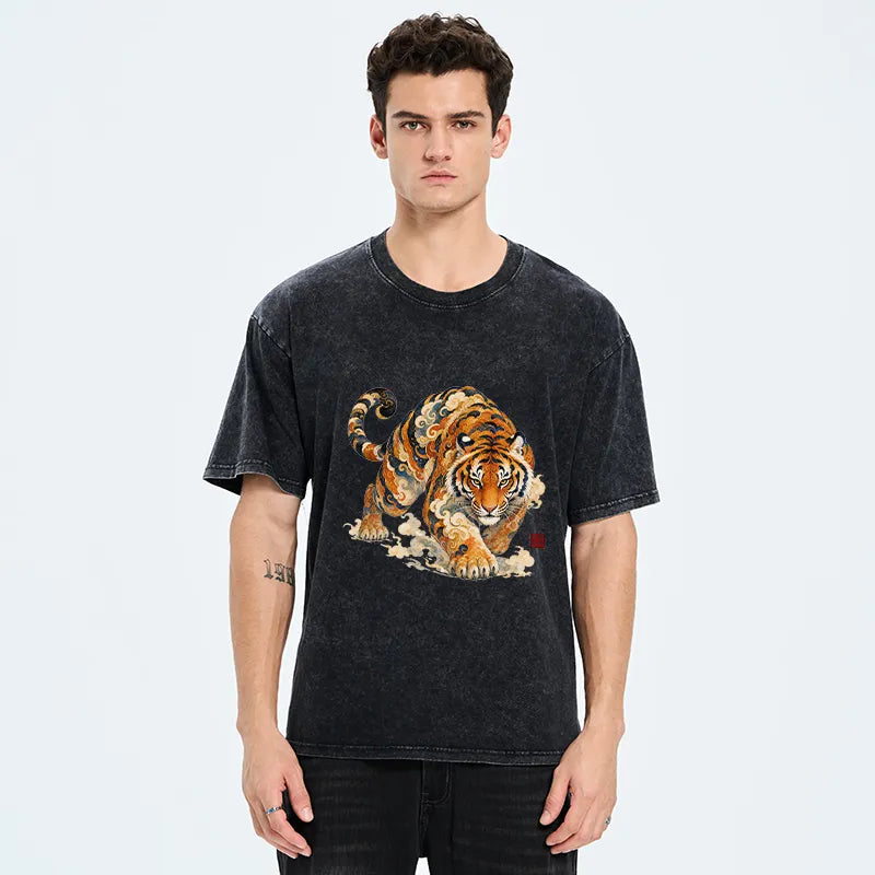 Kyoto-Lion Vintage Cloud Tiger Print Washed T-Shirt