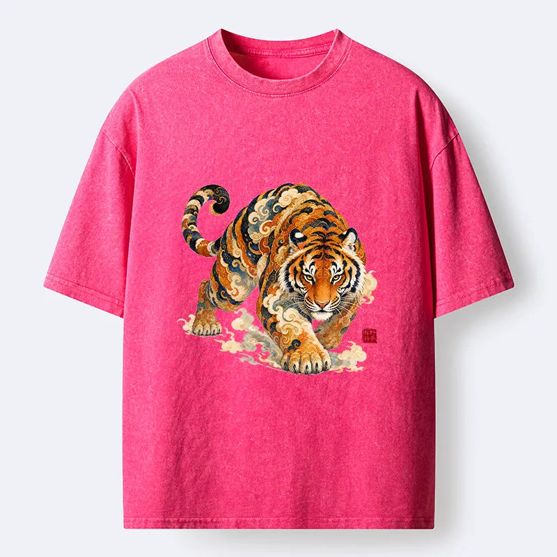 Kyoto-Lion Vintage Cloud Tiger Print Washed T-Shirt