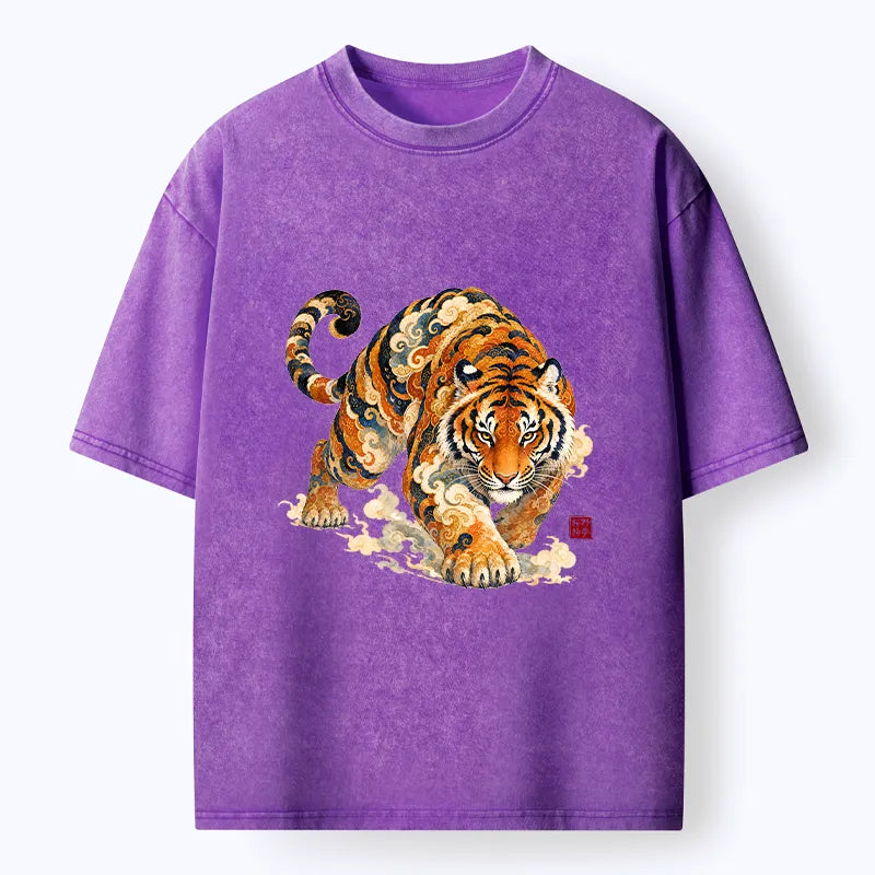 Kyoto-Lion Vintage Cloud Tiger Print Washed T-Shirt
