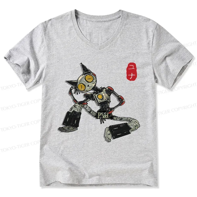 Kyoto-Lion Contemplative Robot Cat V-Neck Classic T-Shirt