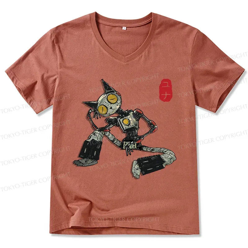 Comfortable Robot Cat V-Neck T-Shirt for Daily Wear