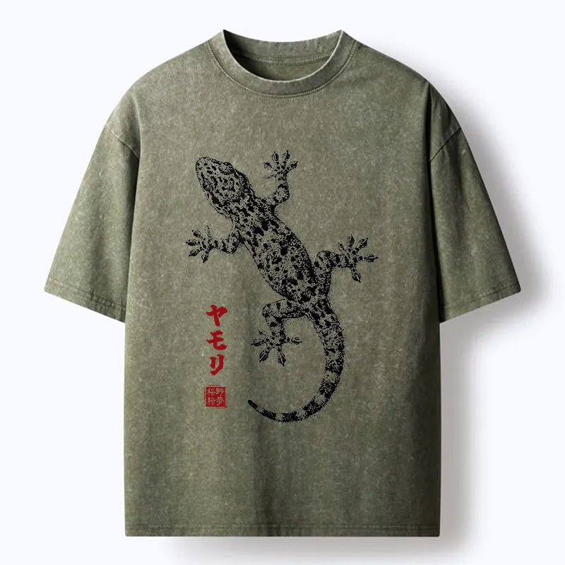 Kyoto-Lion Ink Gecko Art Washed T-Shirt