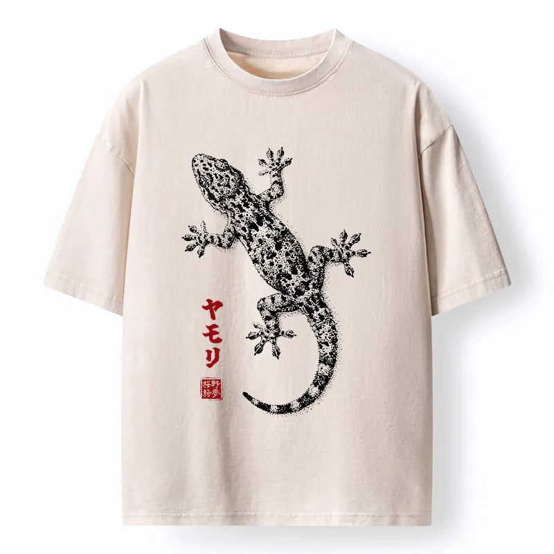 Kyoto-Lion Ink Gecko Art Washed T-Shirt