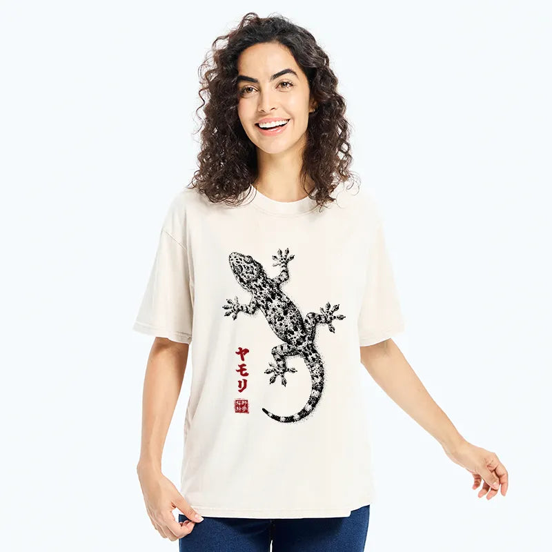 Kyoto-Lion Ink Gecko Art Washed T-Shirt