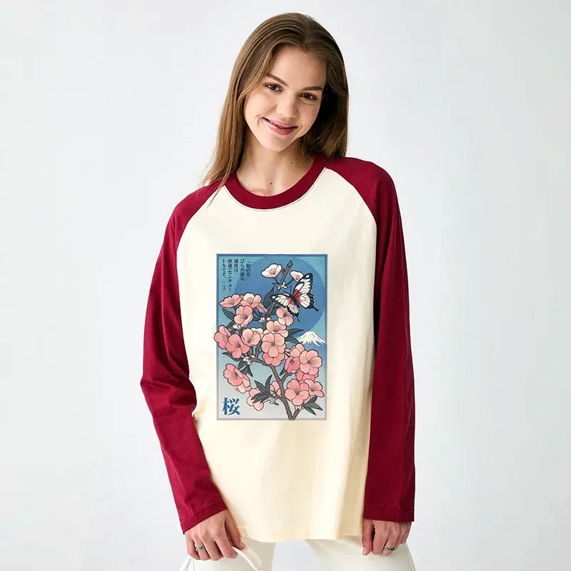 Kyoto-Lion Ukiyoe Japanese Cherry blossoms Poster Raglan Long Sleeve T-shirt