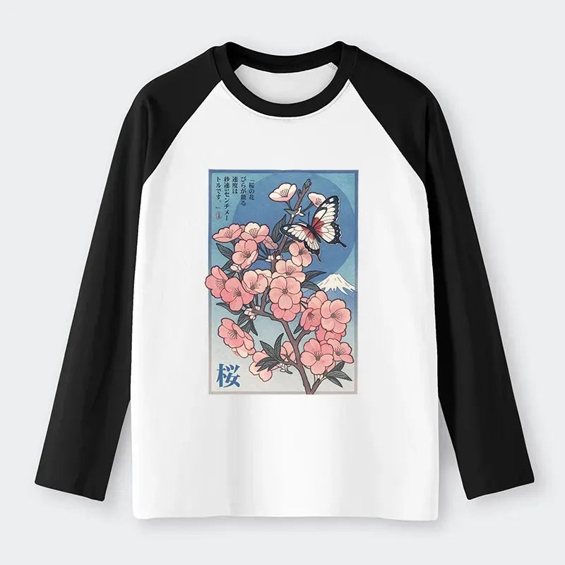 Kyoto-Lion Ukiyoe Japanese Cherry blossoms Poster Raglan Long Sleeve T-shirt