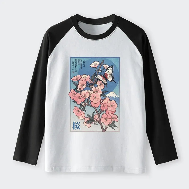 Kyoto-Lion Ukiyoe Japanese Cherry blossoms Poster Raglan Long Sleeve T-shirt