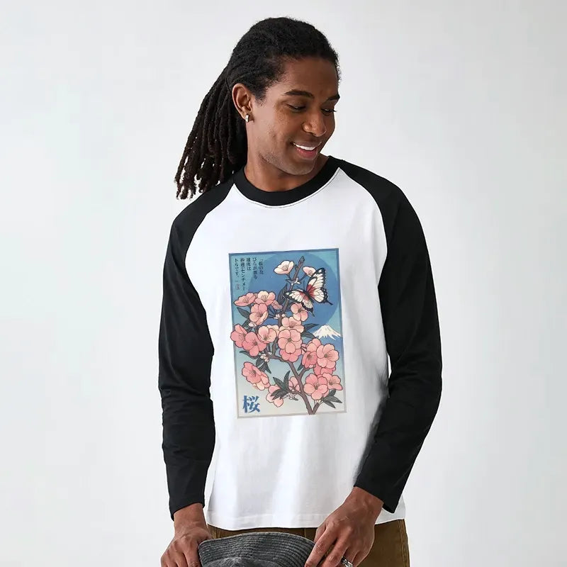Kyoto-Lion Ukiyoe Japanese Cherry blossoms Poster Raglan Long Sleeve T-shirt