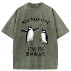 Kyoto-Lion Loving And Free Penguins Washed T-Shirt