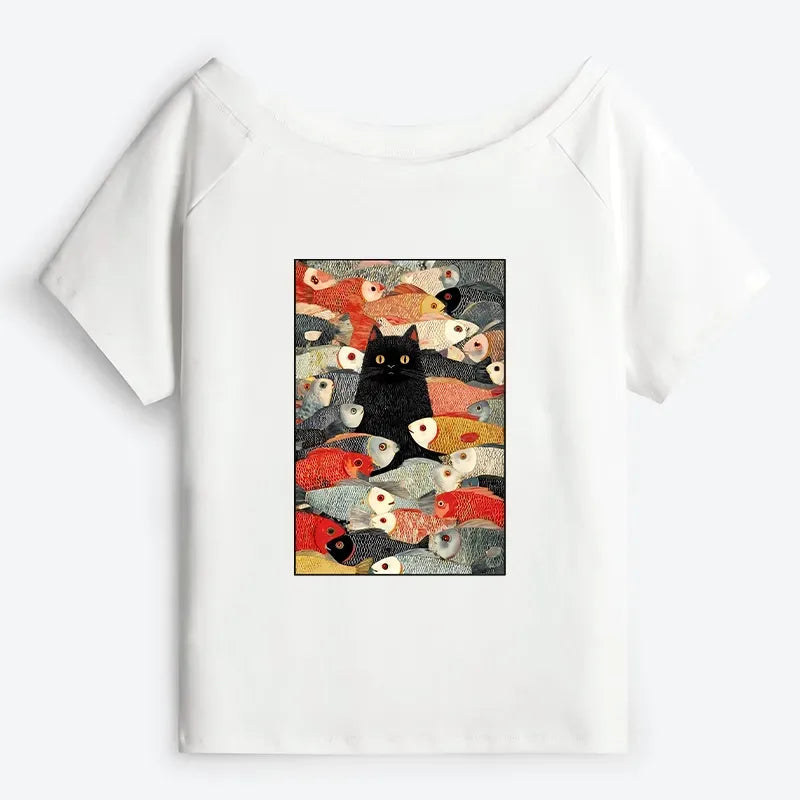 Kyoto-Lion Cats And Fish Off Shoulder T-Shirt