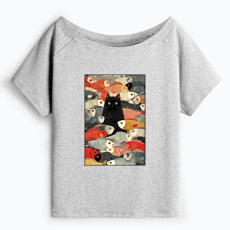 Japanese Cats and Fish Off Shoulder T-Shirt