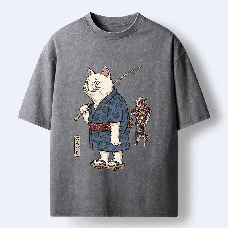 Kyoto-Lion Kimono Cat Fishing Koi Fish Art Washed T-Shirt