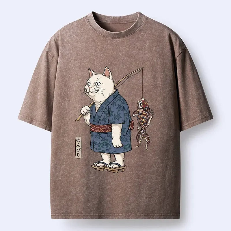 Kyoto-Lion Kimono Cat Fishing Koi Fish Art Washed T-Shirt