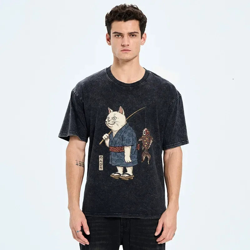 Kyoto-Lion Kimono Cat Fishing Koi Fish Art Washed T-Shirt
