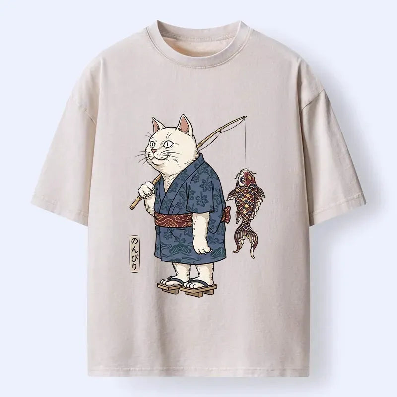 Kyoto-Lion Kimono Cat Fishing Koi Fish Art Washed T-Shirt