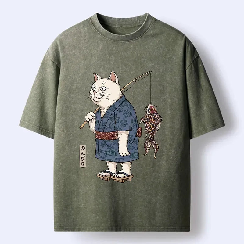 Washed Unisex Kimono Cat T-Shirt