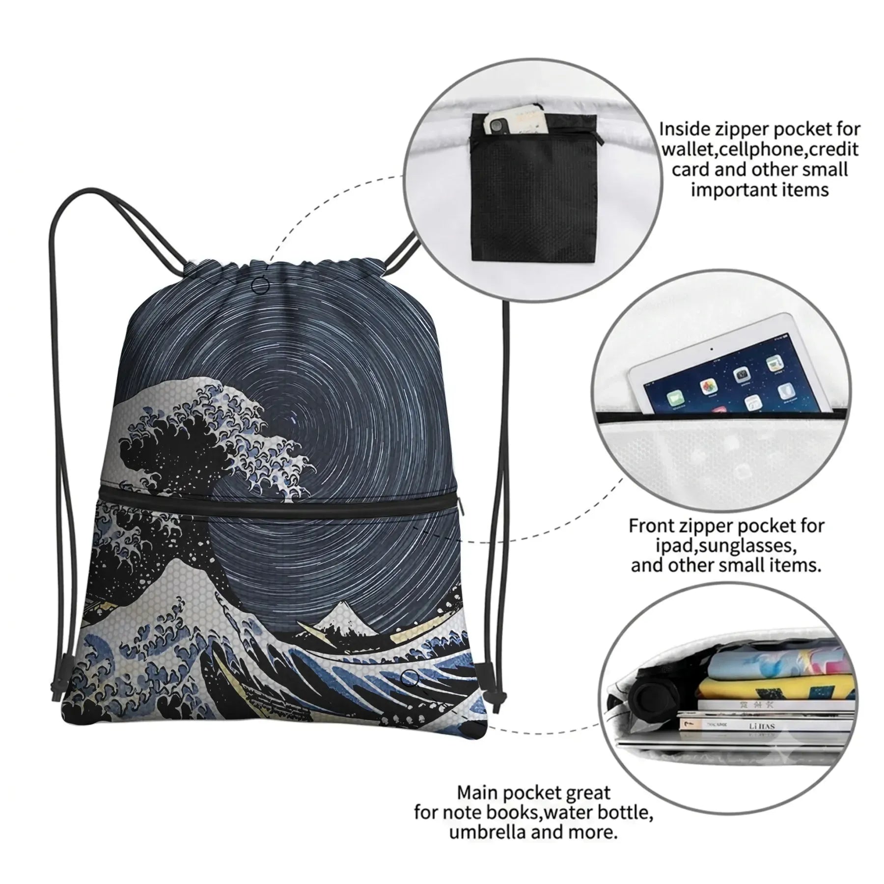 Kyoto-Lion Great Wave Drawstring Backpack