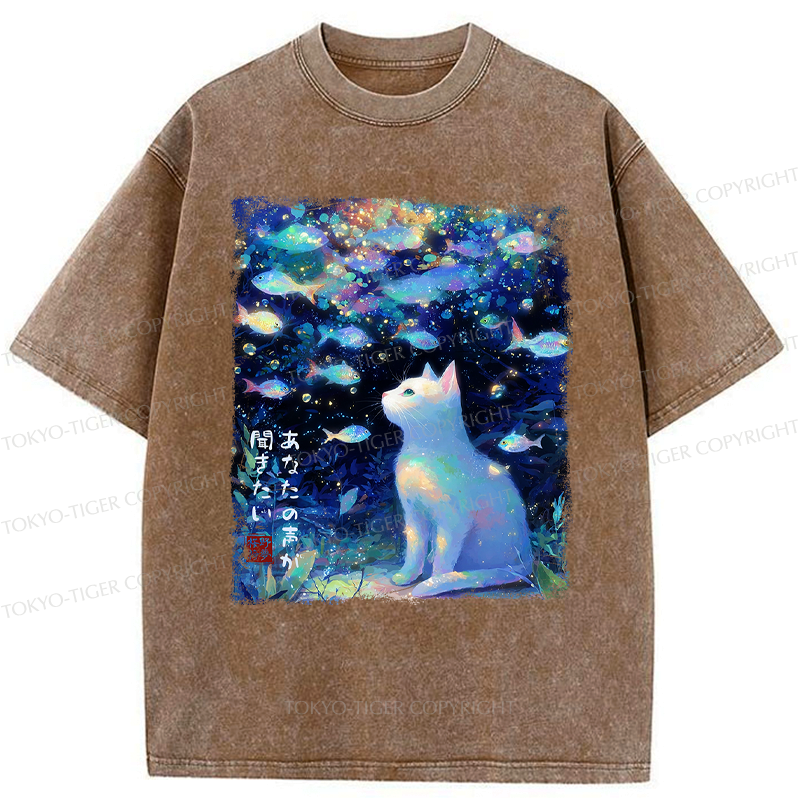 Kyoto-Lion Cat&Fish: I Want to Hear Your Voice Washed T-Shirt