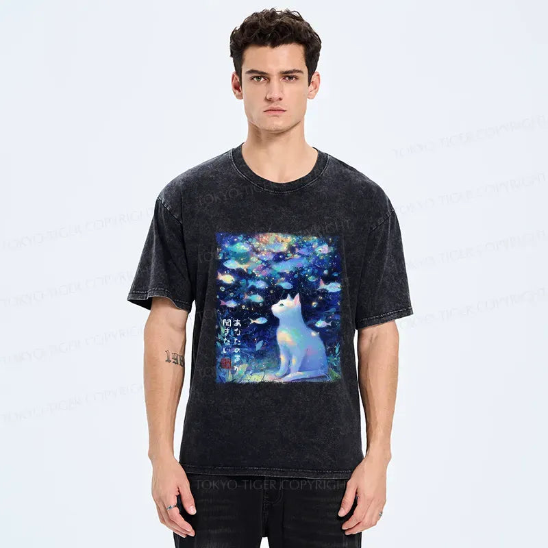 Japanese Cat and Fish Washed T-Shirt