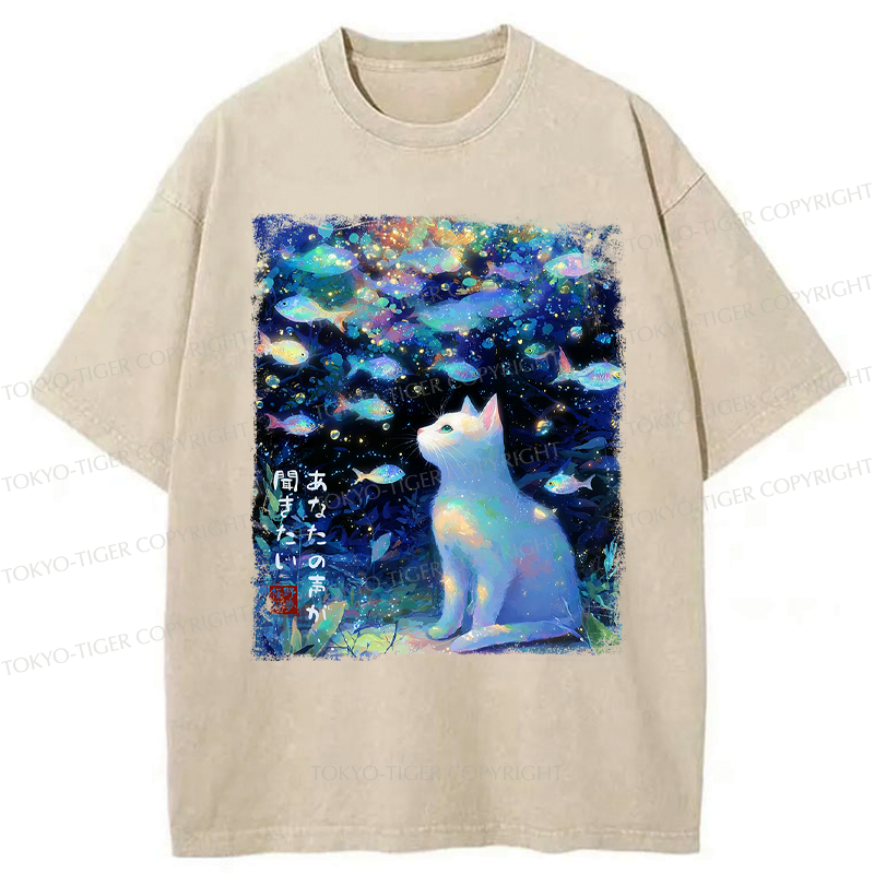 Japanese Cat and Fish Washed T-Shirt